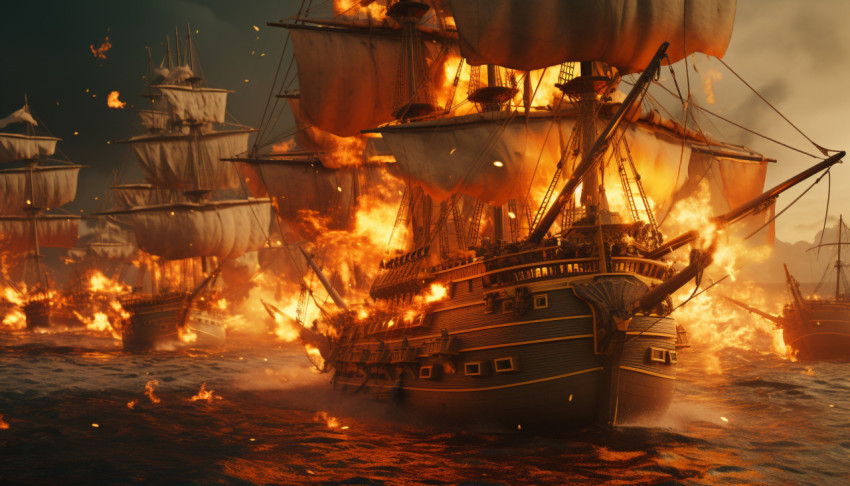 Ships struggling to survive sea of fire Ships struggling to survive sea of fire, board game style art