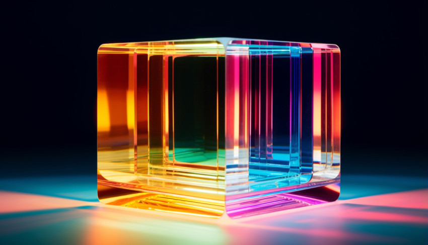 an abstract glass rainbow cube with transparent glass in it an abstract glass rainbow cube with transparent glass in it