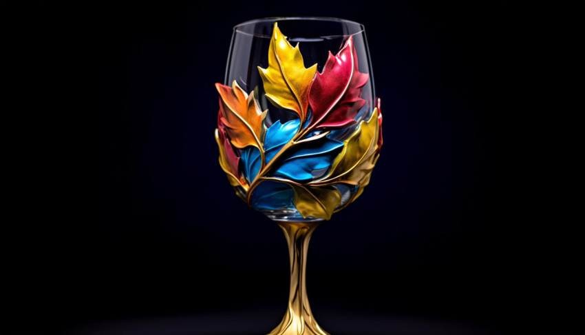 Colorful Wine Glass with Gold and Leaves Colorful Wine Glass with Gold and Leaves