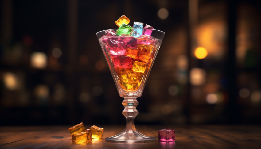 Cocktail glass with colorful ice cubes Cocktail glass with colorful ice cubes, carnival glass style art