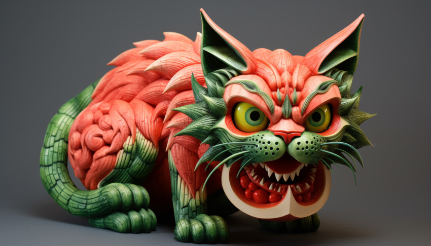 a cat made of watermelon with its jaws open a cat made of watermelon with its jaws open