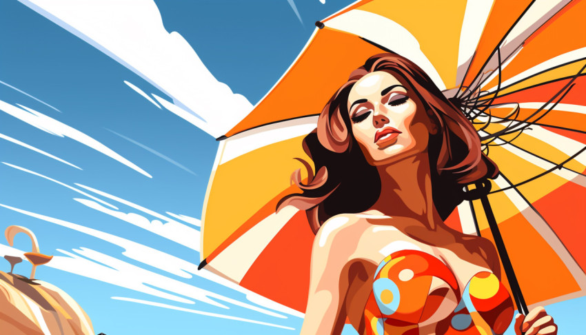 Modern artist paints lady with an umbrella in a sunny scene Modern artist paints lady with an umbrella in a sunny scene, collage style art