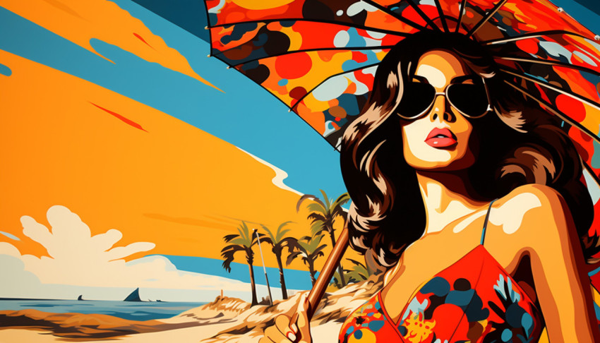 Stylish Lady with Umbrella in Summer Painting