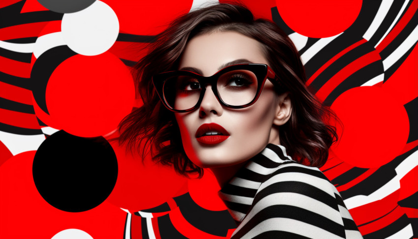 A woman with glasses with abstract background on a red A woman with glasses with abstract background on a red, collage style art