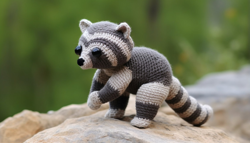 raccoon crocheted in gray and grey and stands on a flat rock raccoon crocheted in gray and grey and stands on a flat rock