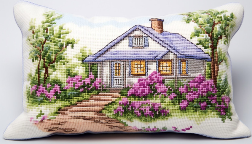 a cross stitch pillow with a countryside house and green flowers a cross stitch pillow with a countryside house and green flowers