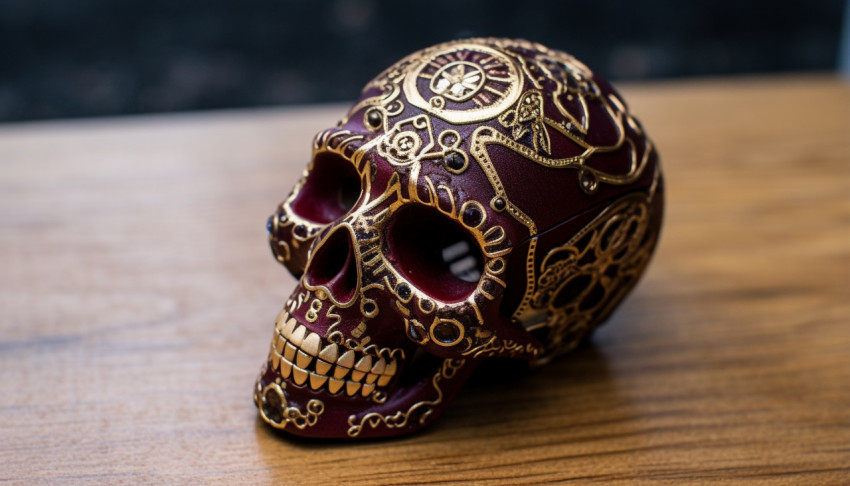 an intricately embossed sugar skull on a light wooden table an intricately embossed sugar skull on a light wooden table