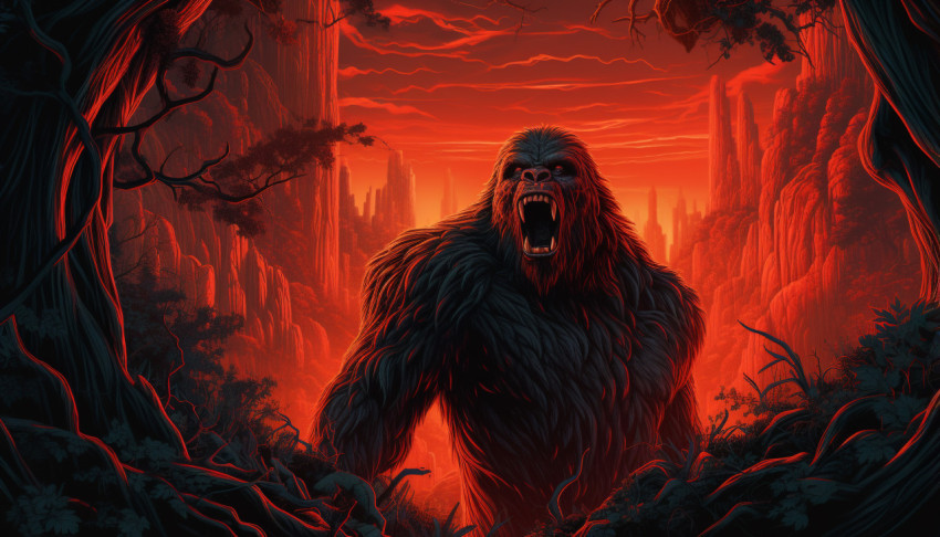 An artwork from the movie kong featuring an enormous gorilla An artwork from the movie kong featuring an enormous gorilla, decals style art