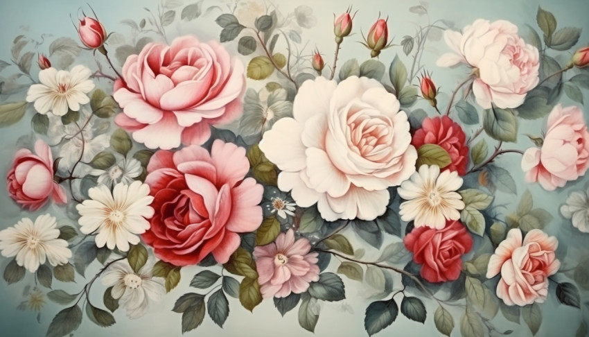 A painting shows a group of roses on antique paper A painting shows a group of roses on antique paper, decoupage style art