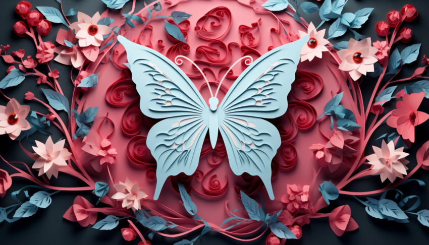 A pink paper butterfly made with flowers and leaves A pink paper butterfly made with flowers and leaves