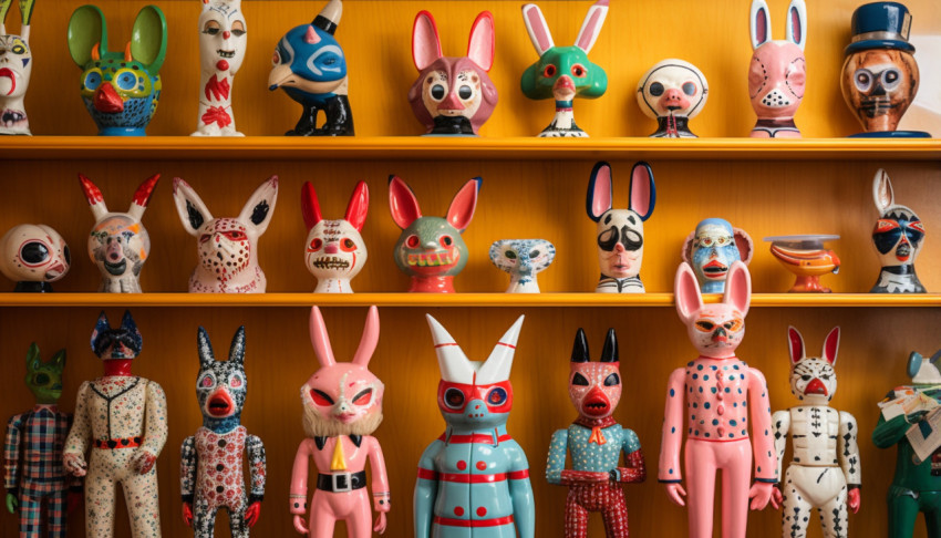 Colorful Figurines on a Shelf