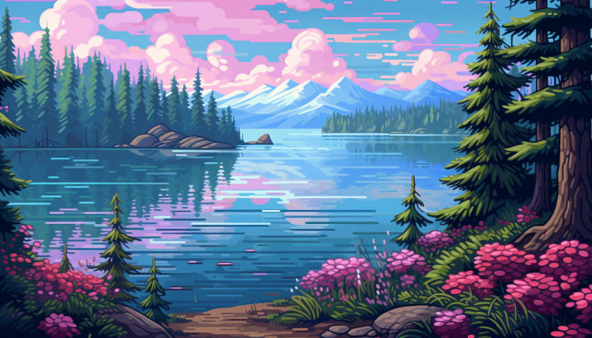 Pixel art style lake landscape with trees and water Pixel art style lake landscape with trees and water