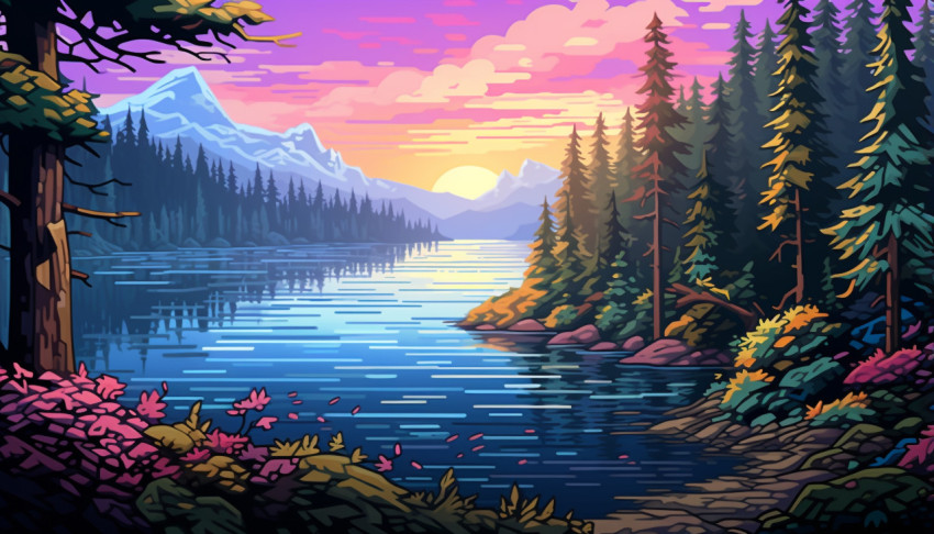 A pixel painting of a lake with trees on the side A pixel painting of a lake with trees on the side