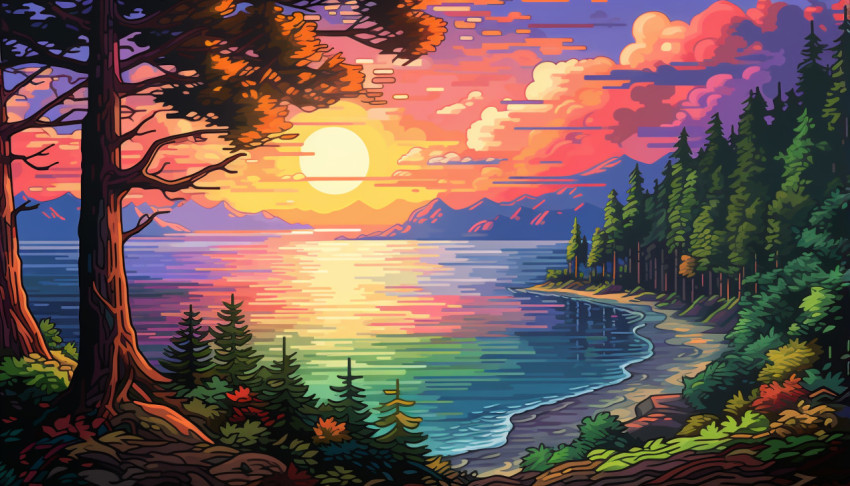 Digital Painting of a Lake with Trees Digital Painting of a Lake with Trees