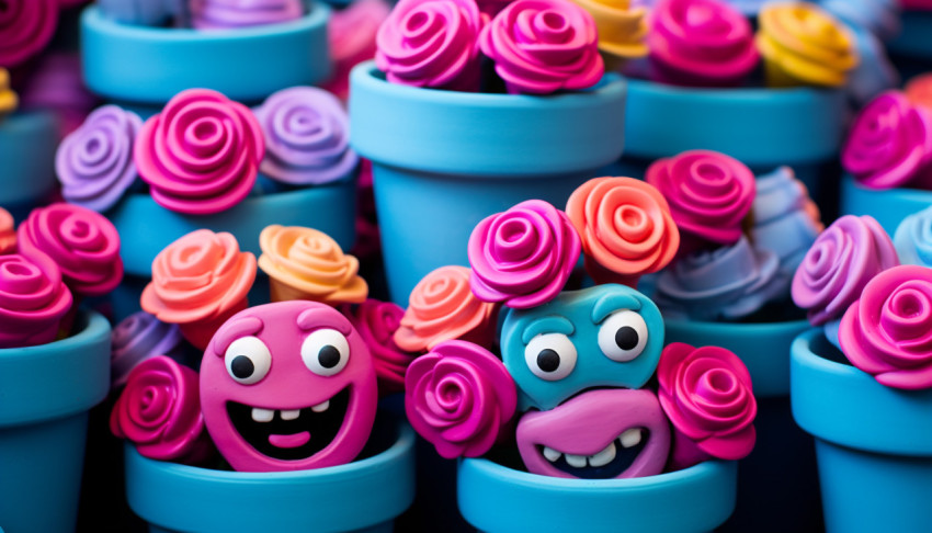 Small colored rubber flower pots with faces on them Small colored rubber flower pots with faces on them