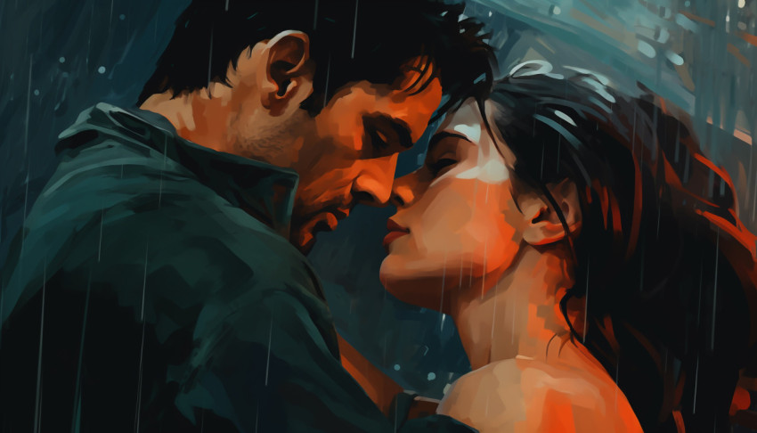 Man and Woman Embrace in the Rain Man and Woman Embrace in the Rain