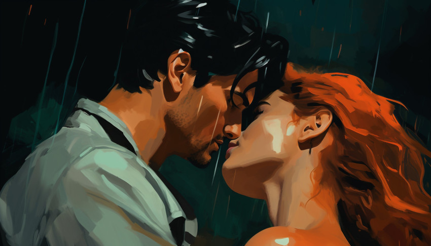 A painting of a man and a woman in the rain A painting of a man and a woman in the rain