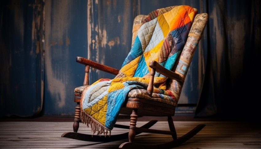 Colorful Rocking Chair with Hand-Quilted Throw Colorful Rocking Chair with Hand-Quilted Throw