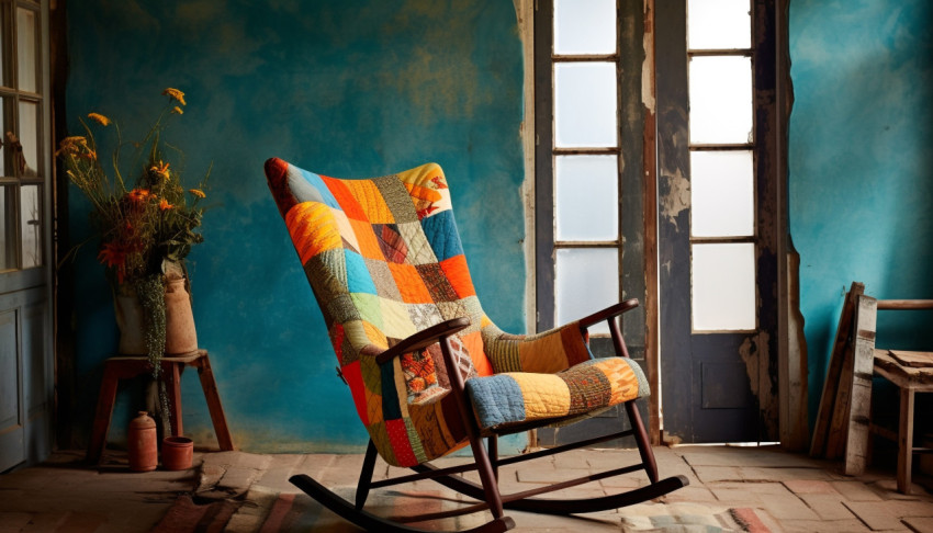 An old rocking chair with a patchwork quilt placed over it An old rocking chair with a patchwork quilt placed over it