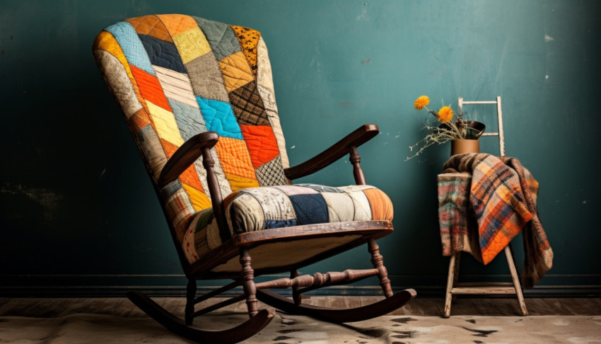 Colorful rocking chair with a hand quilt Colorful rocking chair with a hand quilt