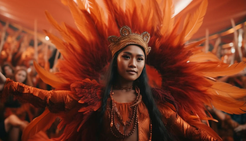 A woman is dancing in an orange feather costume in carnival cost A woman is dancing in an orange feather costume in carnival cost