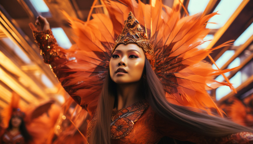 Graceful woman in vibrant orange costume Graceful woman in vibrant orange costume