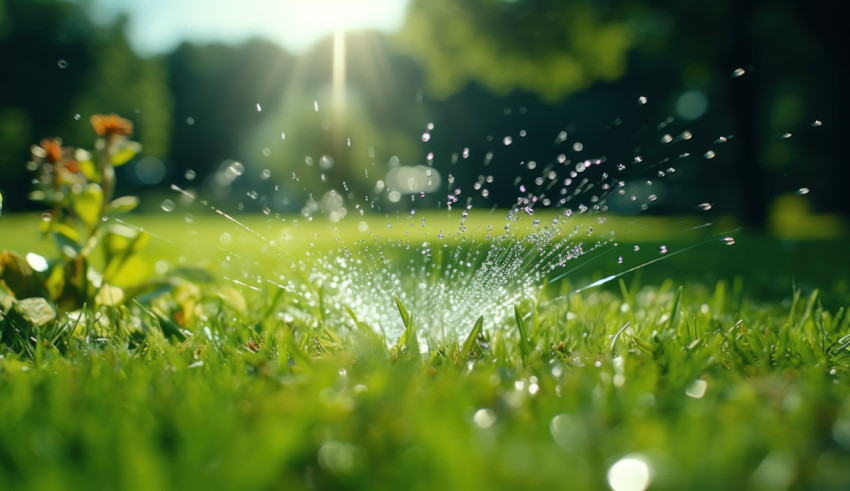 Sprinkler running across lush green grass creating refreshing moments under the sun Sprinkler running across lush green grass creating refreshing moments under the sun
