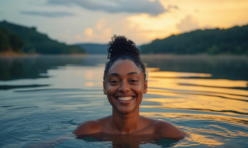 Woman joyfully swims in the lake Woman joyfully swims in the lake