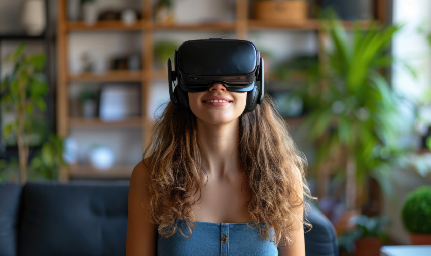 A woman enjoys virtual reality at home with a headset on A woman enjoys virtual reality at home with a headset on