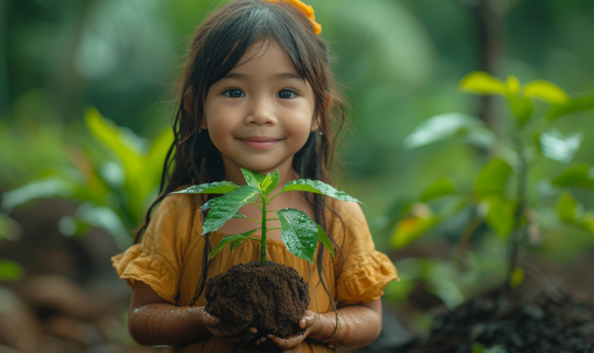Joyful young girl with a plant near a tree Joyful young girl with a plant near a tree