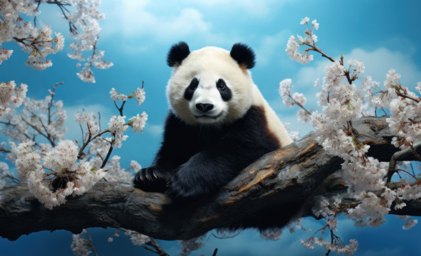 Adorable panda perched on a branch Adorable panda perched on a branch