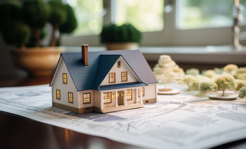 A model home placed atop bank documents signifying a successful real estate deal and a secure investment A model home placed atop bank documents signifying a successful real estate deal and a secure investment