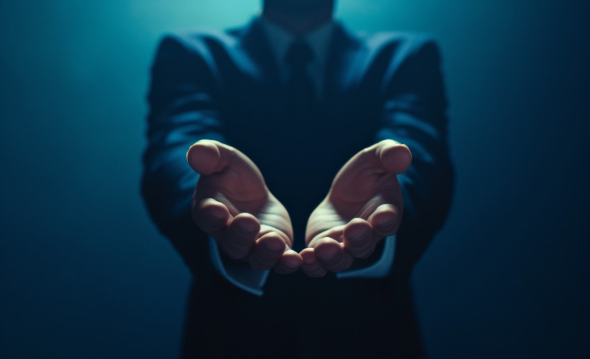 A man in a business setting displaying open hands on a dark blue background A man in a business setting displaying open hands on a dark blue background
