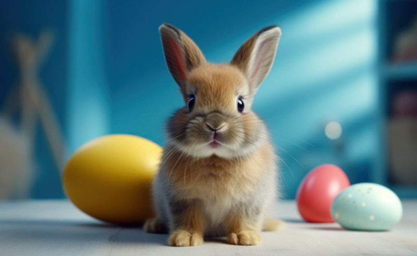 Cute rabbit playing with a ball on a blue background Cute rabbit playing with a ball on a blue background