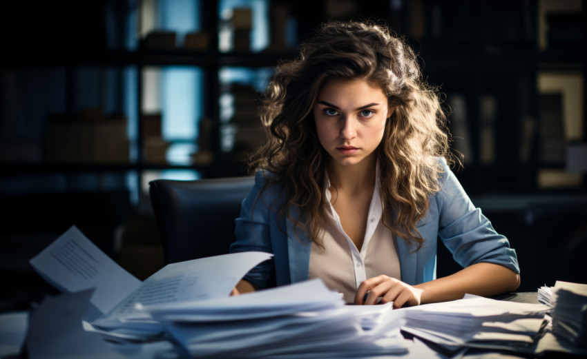 A woman sits at her desk engrossed in paperwork showcasing dedication and concentration in her work A woman sits at her desk engrossed in paperwork showcasing dedication and concentration in her work