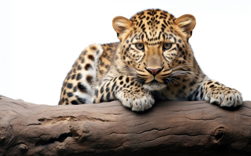 Leopard sitting on branch against a white background Leopard sitting on branch against a white background
