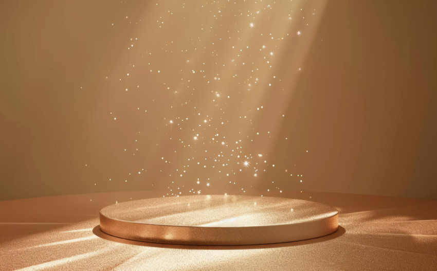 Shiny award podium glitter scattered set against a brown background Shiny award podium glitter scattered set against a brown background