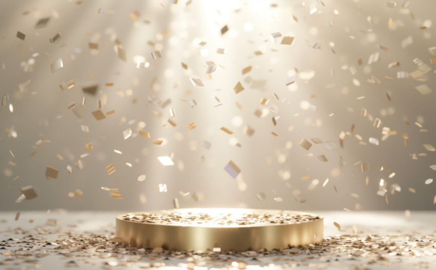 Colorful confetti in frame decorating a golden podium in the background Colorful confetti in frame decorating a golden podium in the background