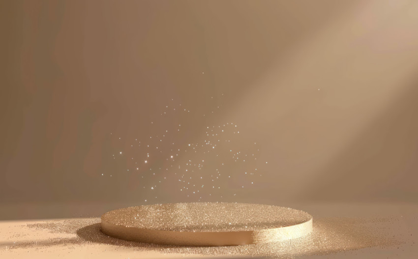 Circular award podium with scattered glitter on brown backdrop Circular award podium with scattered glitter on brown backdrop