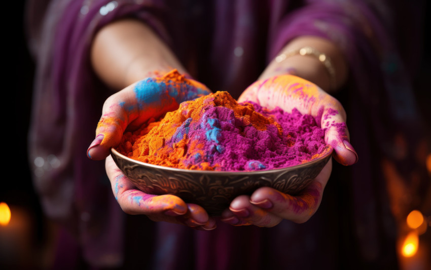 Woman hand holding a holi colored powder bowl Woman hand holding a holi colored powder bowl