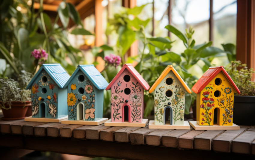 Colorful birdhouses perched on steps in a garden Colorful birdhouses perched on steps in a garden
