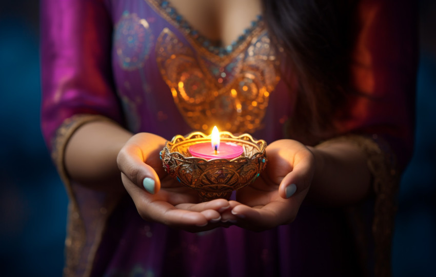 a beautiful woman holds a small diya in her hand a beautiful woman holds a small diya in her hand