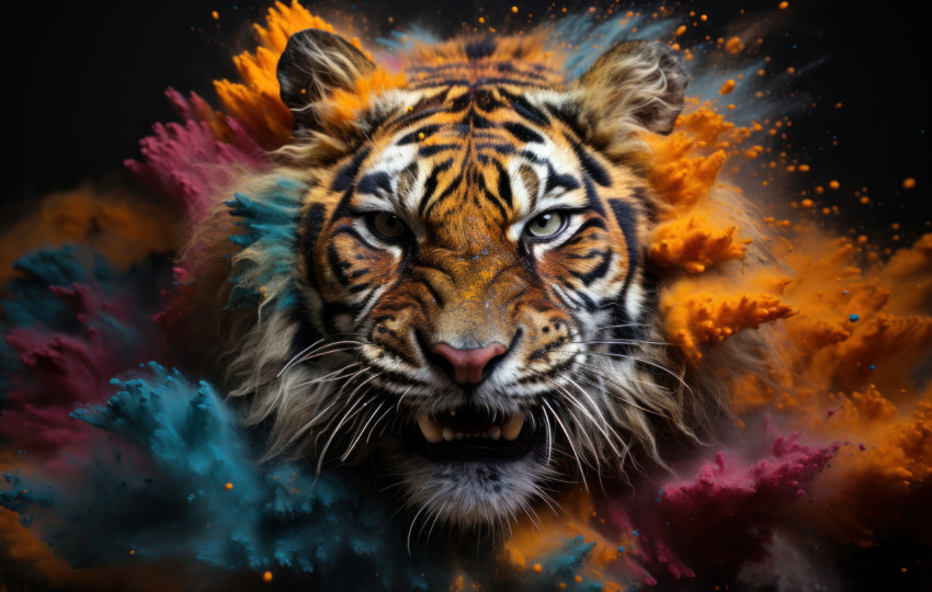 Tiger amidst vibrant powders on dark canvas Tiger amidst vibrant powders on dark canvas