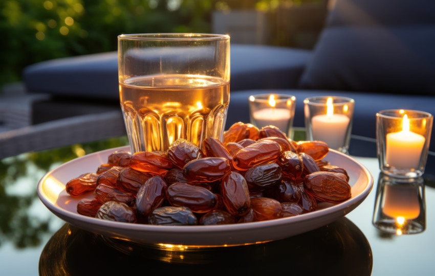 Delicious dates paired with a cool glass of water for a delightful treat Delicious dates paired with a cool glass of water for a delightful treat