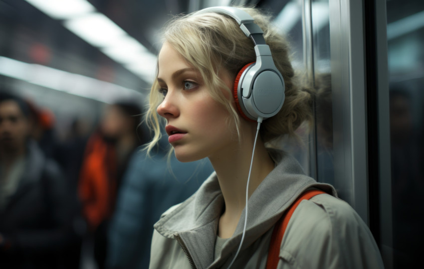 A woman wearing headphones gazes at her reflection A woman wearing headphones gazes at her reflection