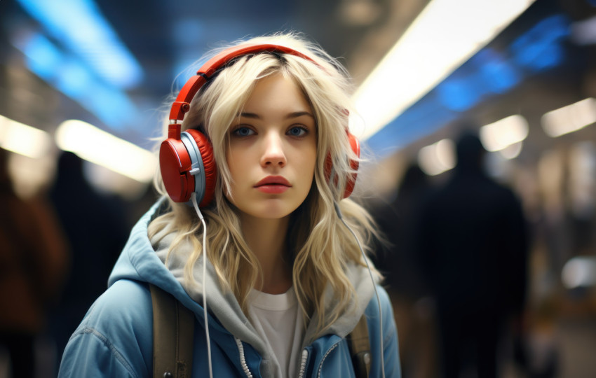 Young woman with headphones at underground station Young woman with headphones at underground station