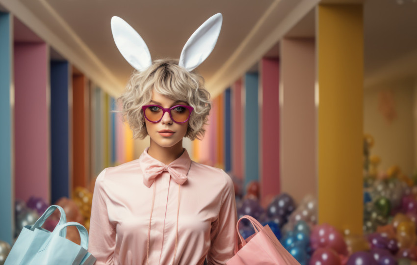 A lady adorned with rabbit ears happily carries shopping bags A lady adorned with rabbit ears happily carries shopping bags