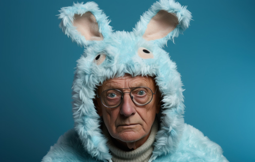 Elderly person in bunny hat posing against blue backdrop Elderly person in bunny hat posing against blue backdrop