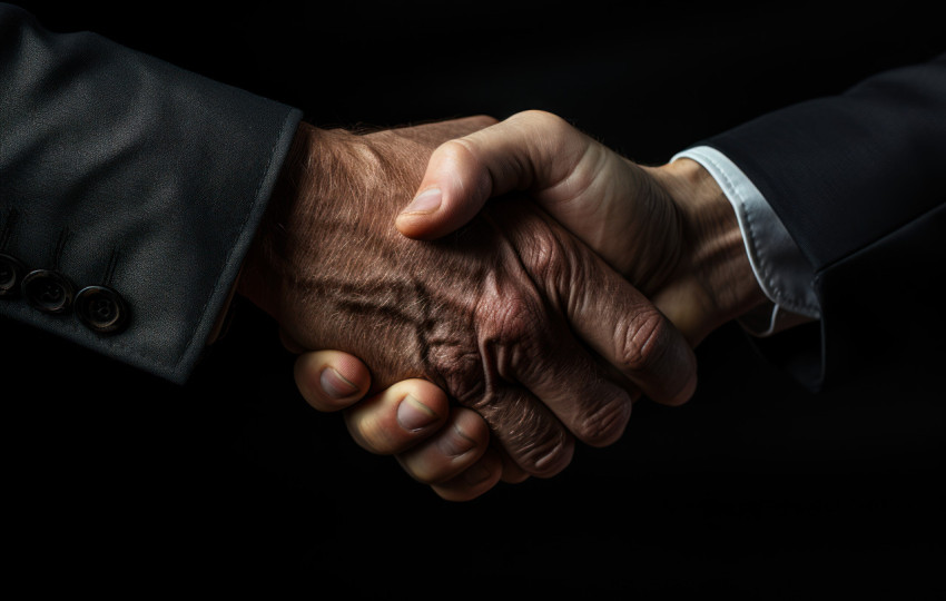 Successful handshake between two individuals finalizing a business deal with both parties in agreement Successful handshake between two individuals finalizing a business deal with both parties in agreement