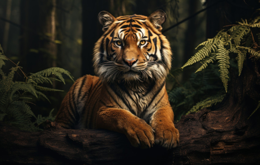 Tiger sitting on stump in the trees Tiger sitting on stump in the trees